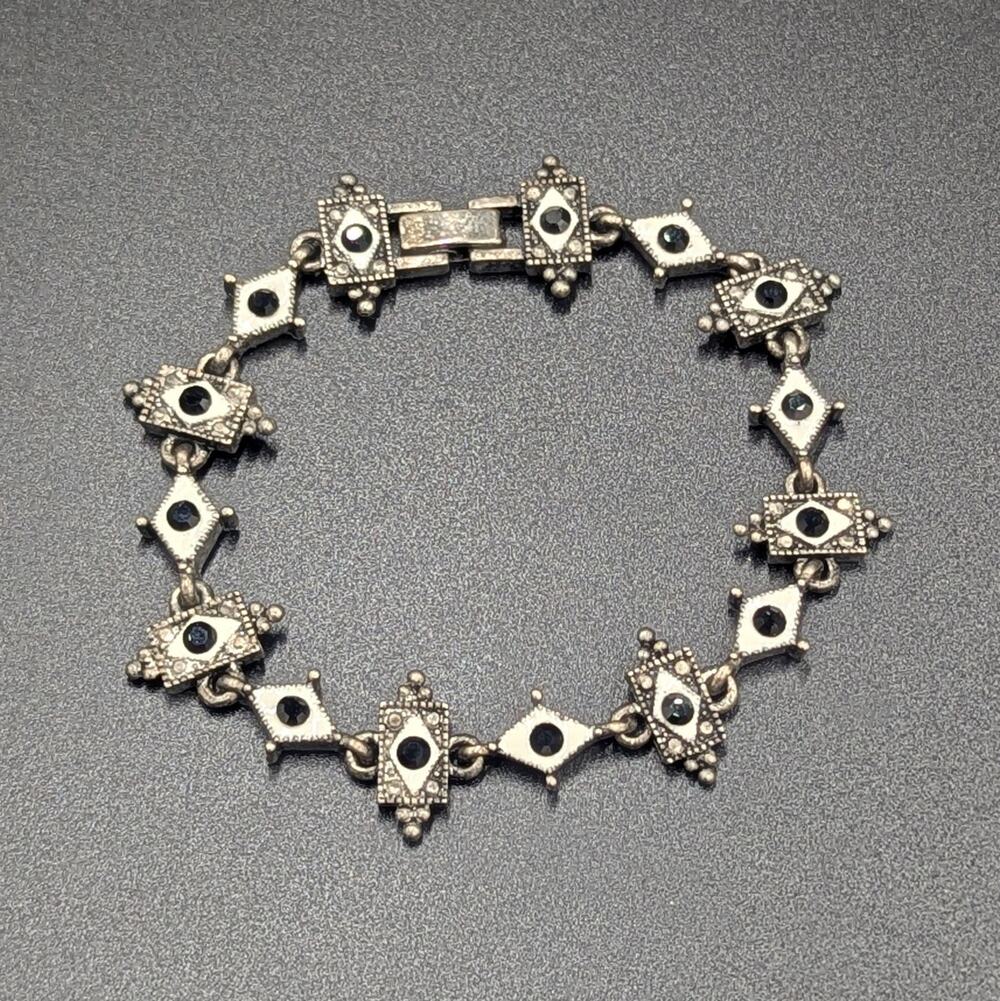 Vintage Silver-Tone Art Deco Style Bracelet Black Glass Rhinestones 7”
